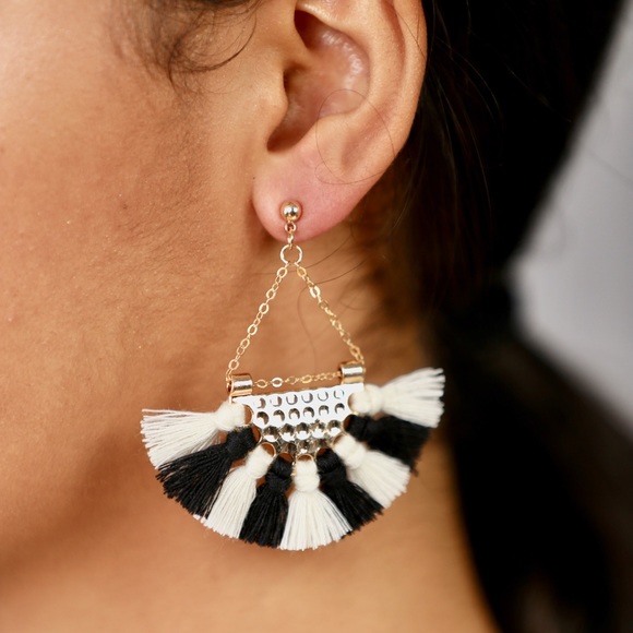 FINAL SALE! Black and White Gold Fringe Earrings - Picture 6 of 6